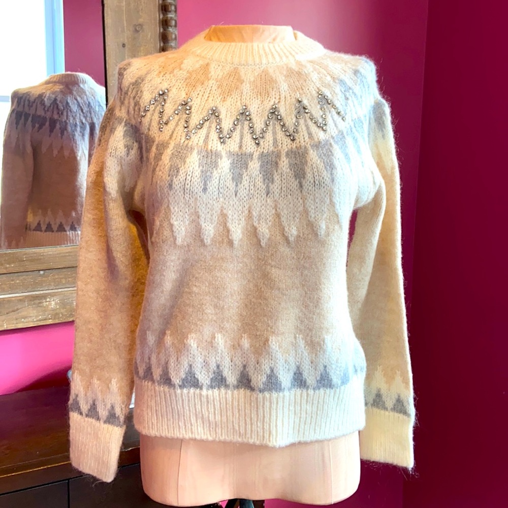Naf Naf Rhinestone Mohair Blend Cream & Gray Knit Sweater Small
